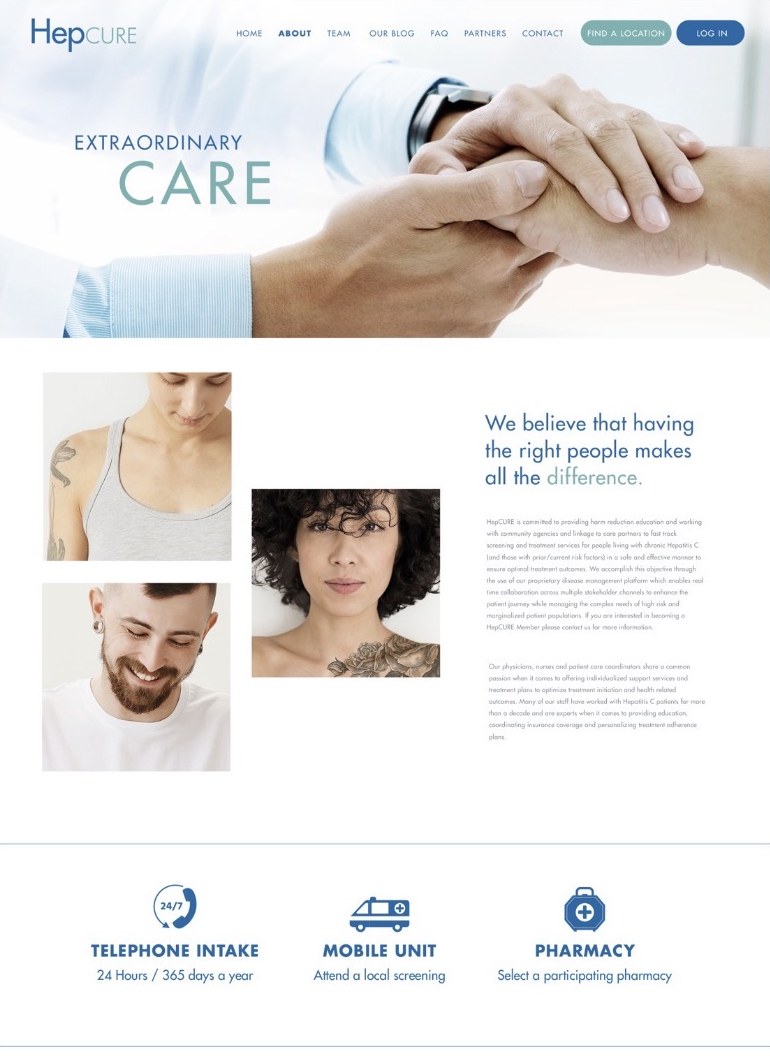 HepCURE website mockup — Extraordinary Care homepage